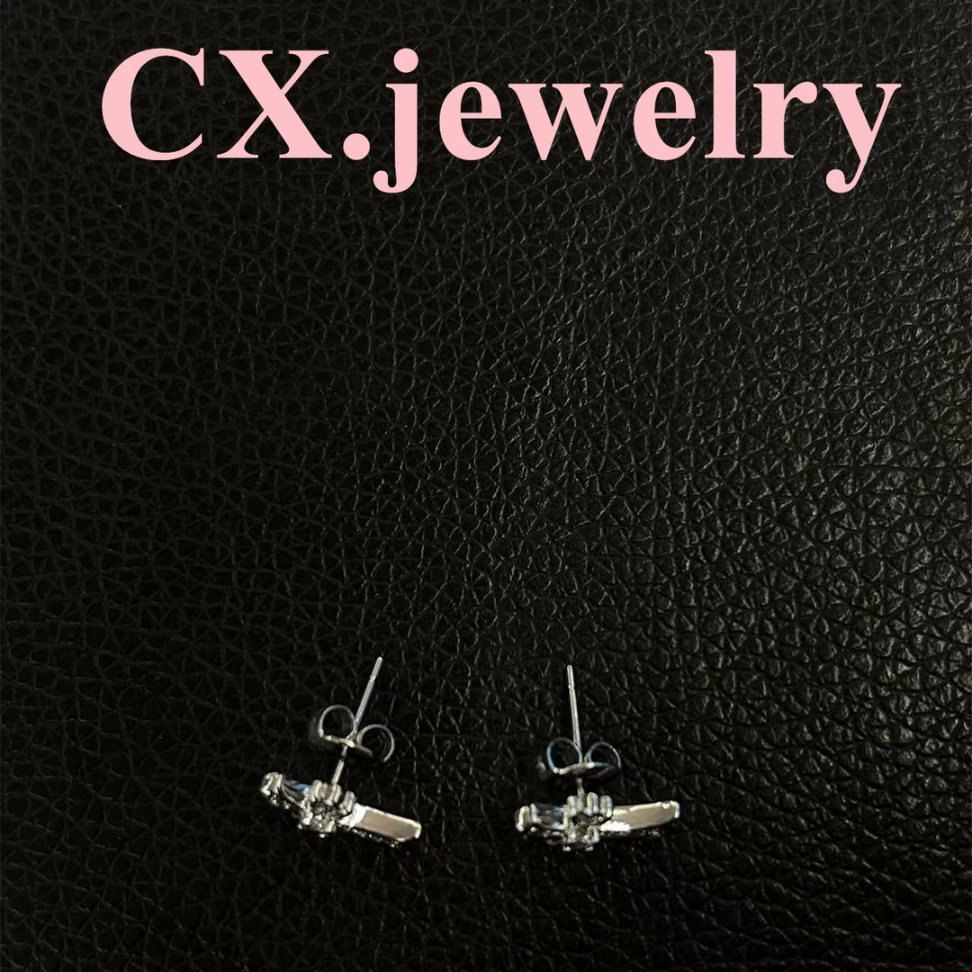 铜合金合成锆石耳饰 银色十字架耳钉 6005