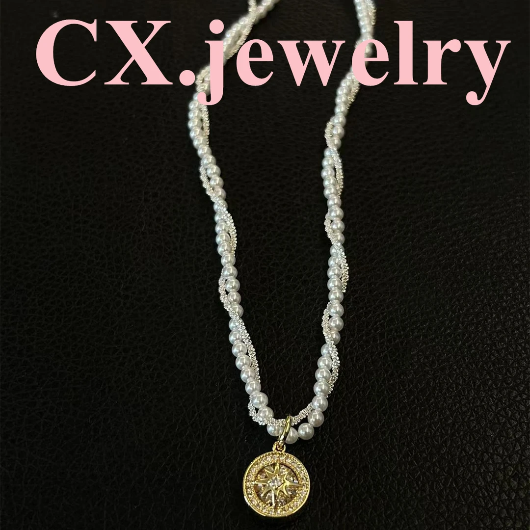 铜合金仿珍珠项链 双链芒星项链 8202