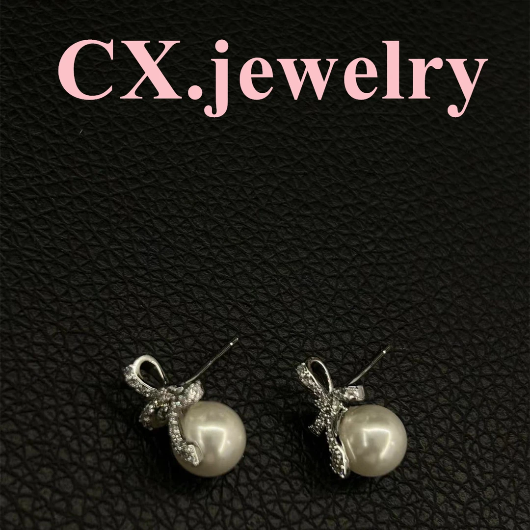 铜合金合成锆石耳饰 银色蝴蝶结珠耳钉8049