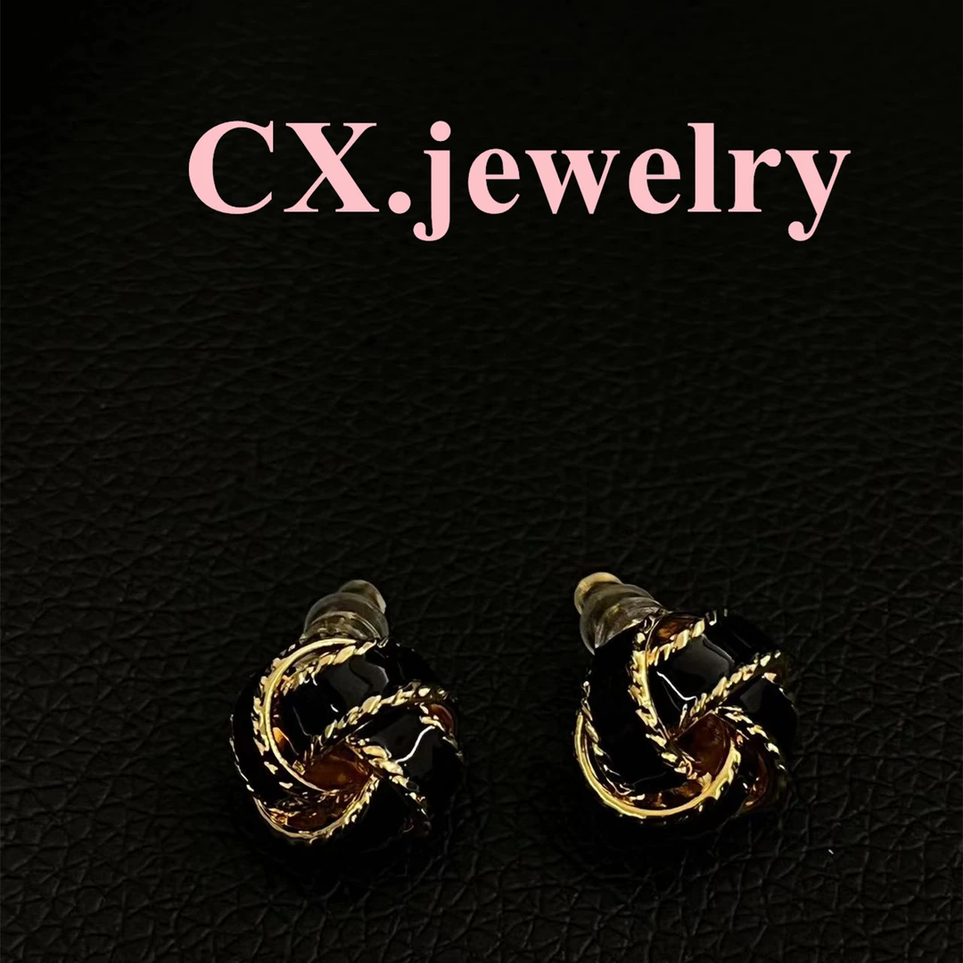 铜合金珐琅耳饰 黑色扭结耳钉8307