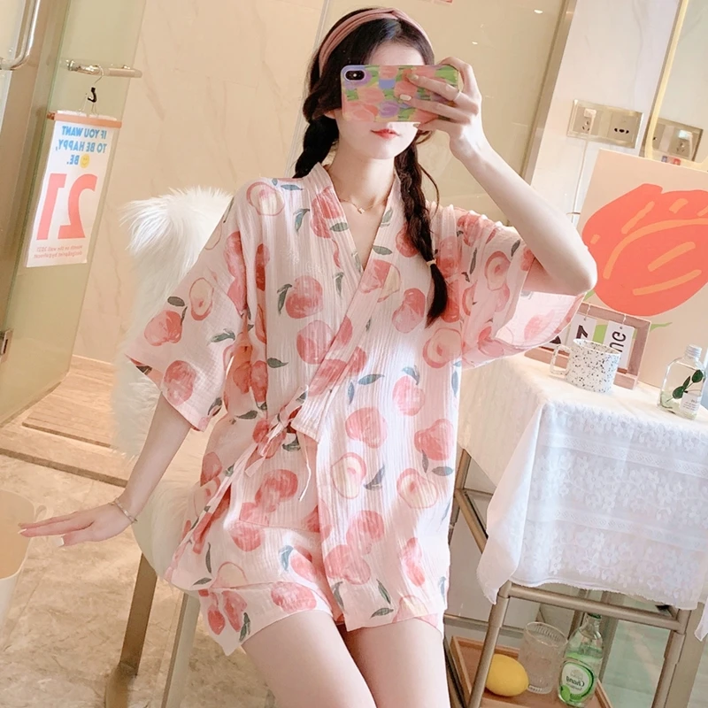 和服睡衣女夏季可爱日式纱布短袖家居服汗蒸服女薄款浴衣套装夏天