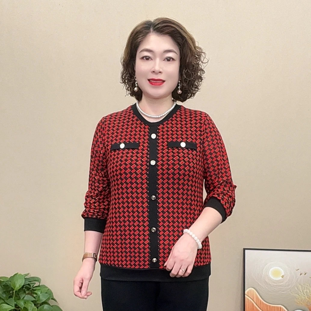 2024长袖新款秋季弹力妈妈装洋气百搭时尚宽松中老年显瘦遮肚减龄