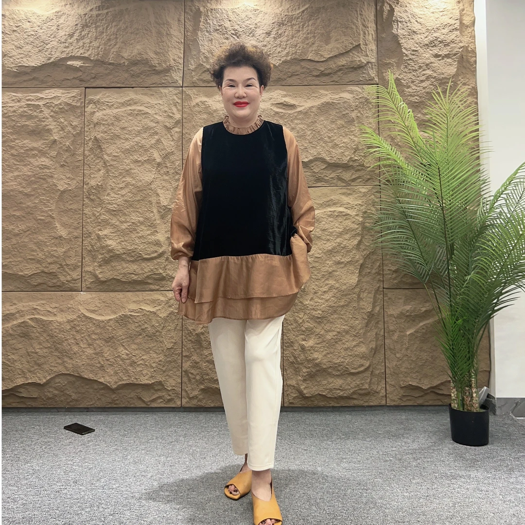 MZRY NIUJIE 2023秋冬加长荷叶底摆丝绒拼接撞色打底小衫
