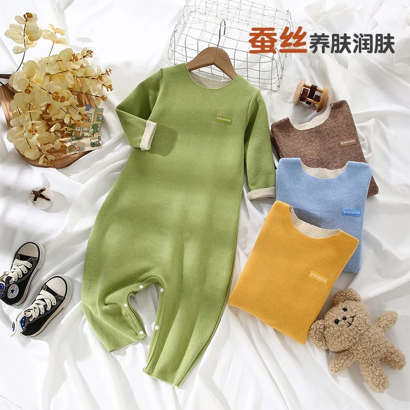 儿童连身睡衣德绒保暖男童女童加绒宽松连体衣爬服秋冬家居服