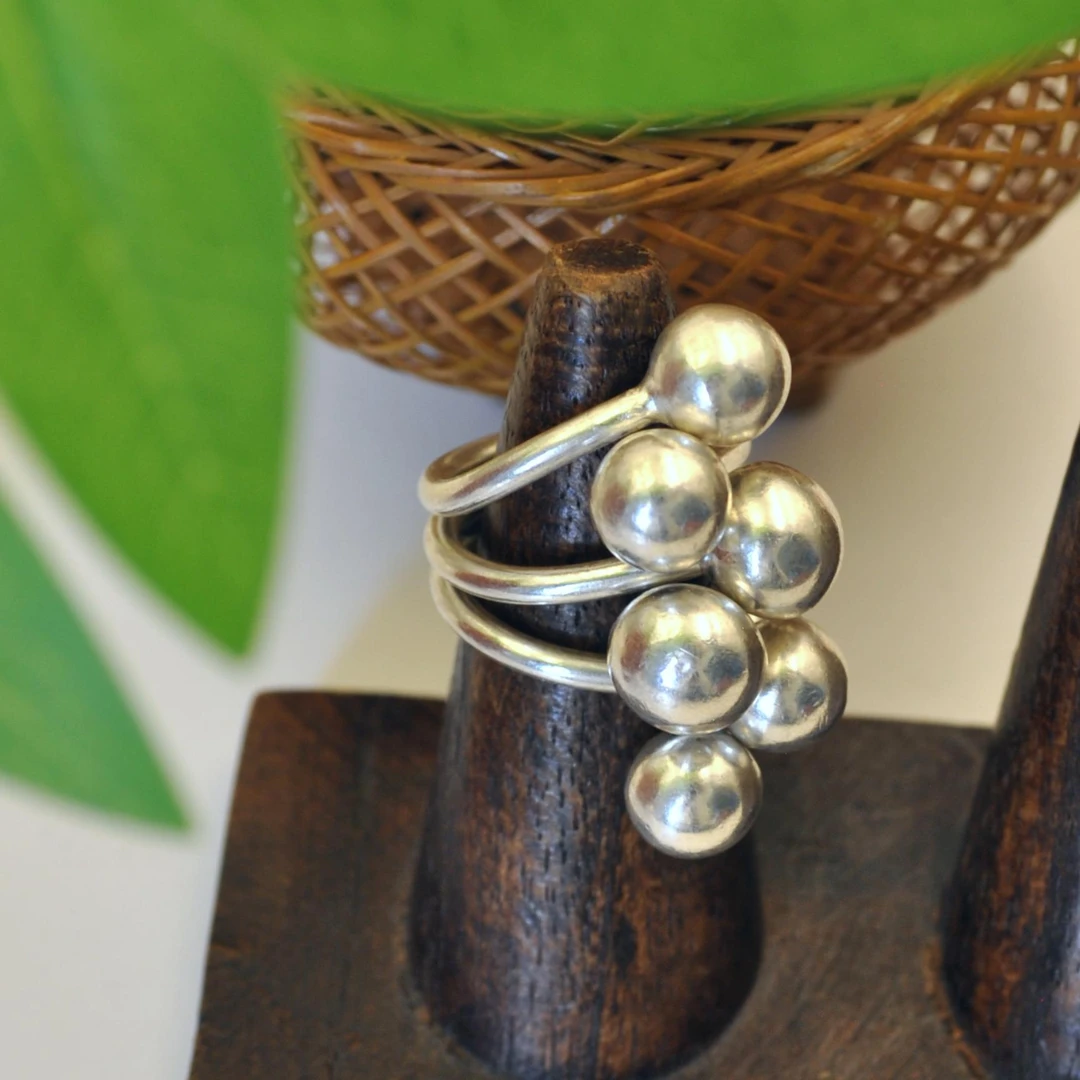 925银戒指 s925银泰国原创设计圆珠气质时尚多层银戒光面戒指