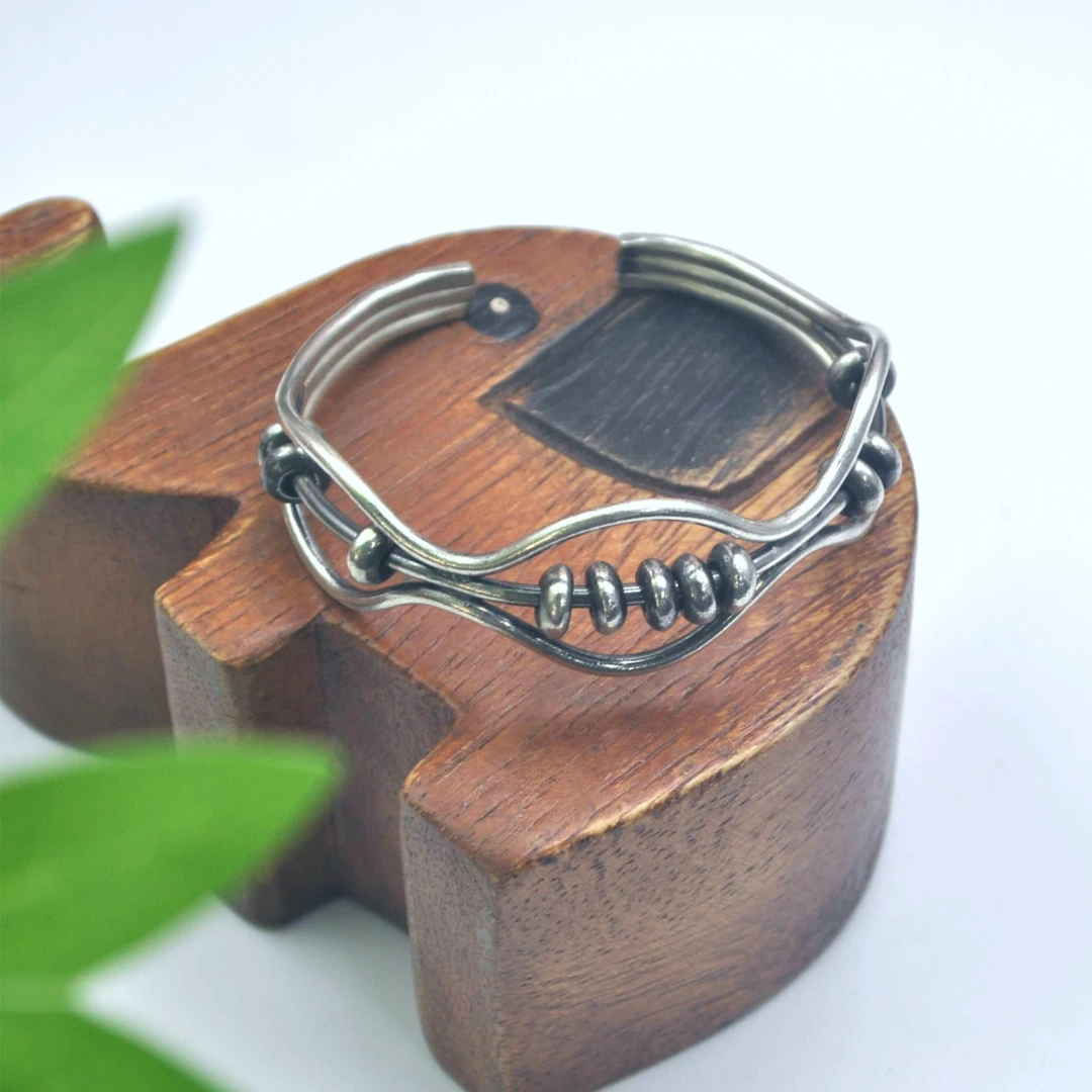 足银手镯 泰式足银原创复古民族风简约可调节纯手工设计银质手镯