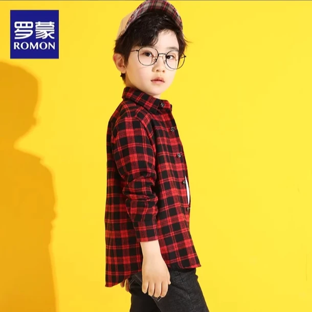 Romon/罗蒙童装衬衫春装儿童格子衬衣长袖纯棉男女孩中大童潮2024