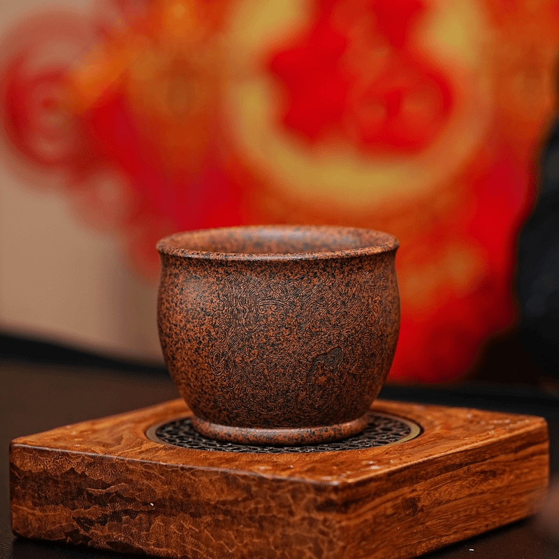宜兴原矿 龙骨金砂手工刻绘天王 紫砂主人杯 A206