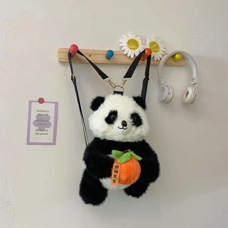 可爱黑白熊猫玩偶双肩包女高级感毛绒背包时尚学生书包