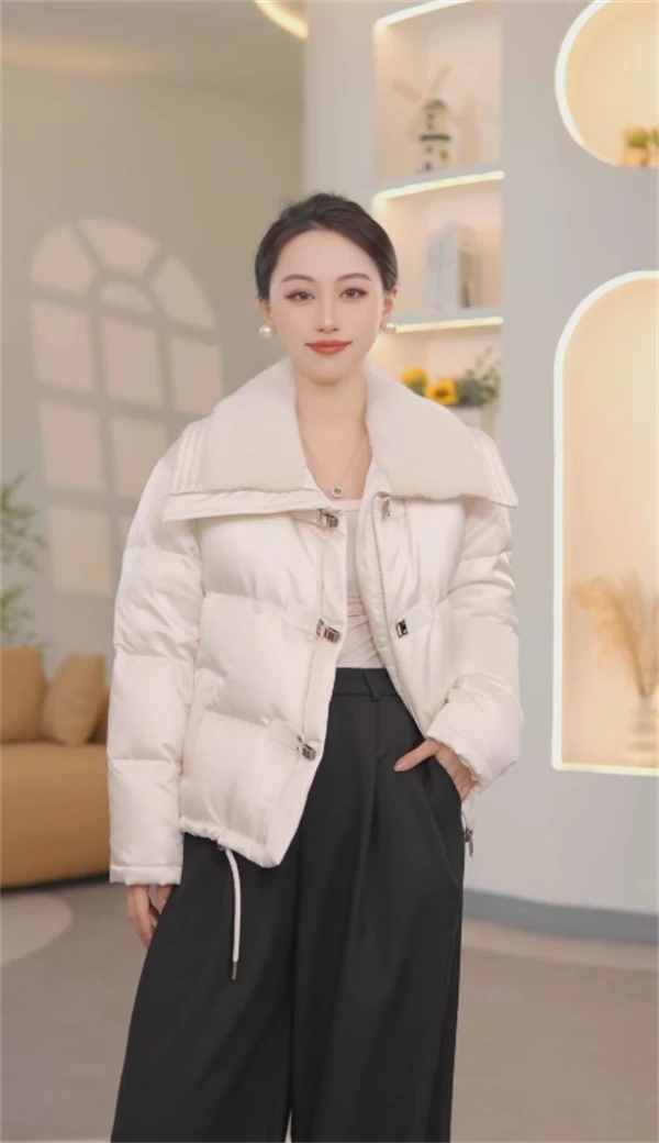 【嘉】冬季#659女士轻奢水貂毛领桑蚕丝白鹅绒服短款时尚外套