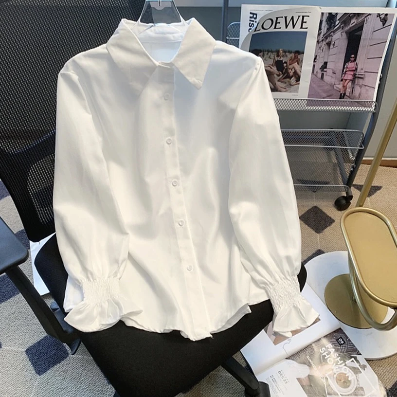 新款春秋衬衣韩版学院风喇叭袖白色衬衫女搭配马甲长袖【230120】