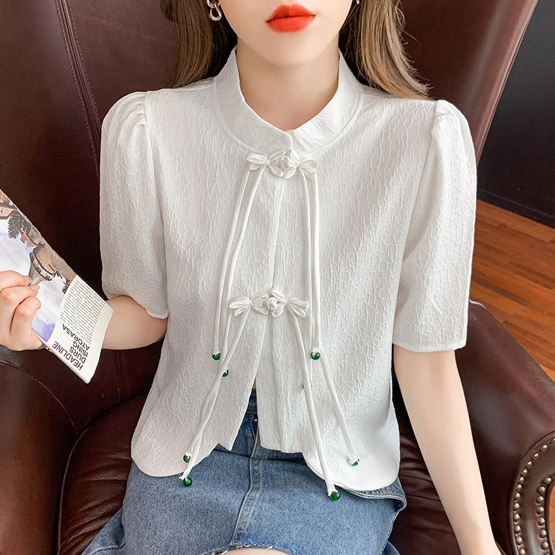 实拍 2023夏新款中国风衬衫女重工宫廷风单排短款盘扣流苏上衣女