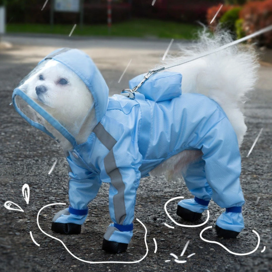 可牵引连体狗狗雨衣四脚防水包脚小型犬尺码雨披加宽帽檐衣服速干