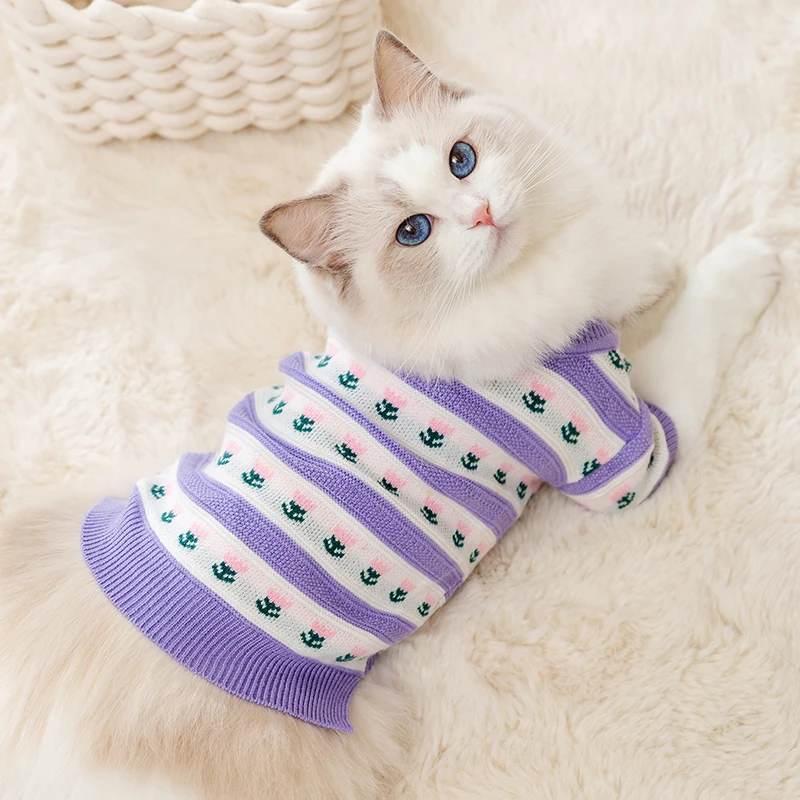 神经猫暖冬宠物狗狗郁金香针织条纹开衫保暖秋冬衣服防掉毛小幼犬