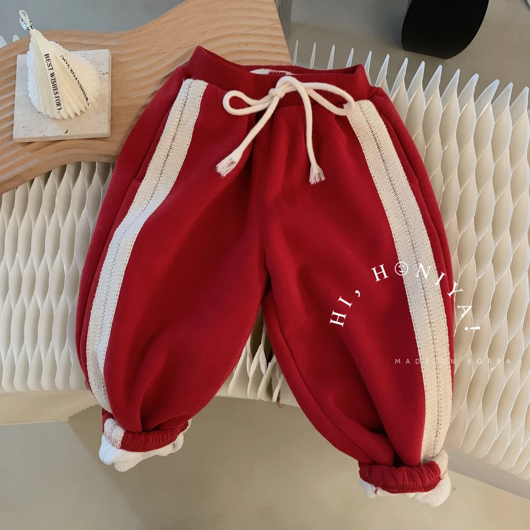 【糖果】小哇家童装秋冬冬季红色宽松休闲卫裤加厚百搭男女童韩系