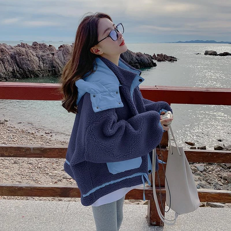 2024年冬季新款韩版小个子短款宽松休闲oversize羊羔绒棉服外套女