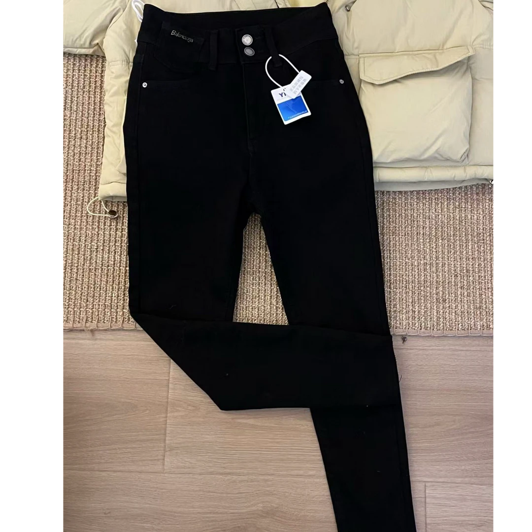 滨莉家 1862-1 黑色植绒加厚高腰弹力牛仔小脚裤