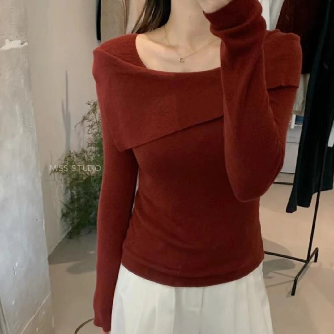 滨莉家 设计感不规则大翻领长袖毛衣