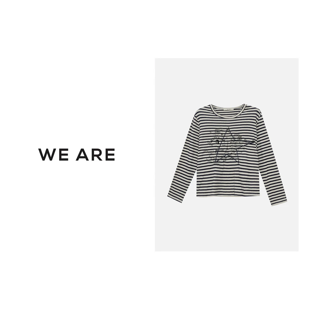《WE ARE》星盘 重工刺绣  亚麻 休闲条纹 长袖T 23272A蓝条