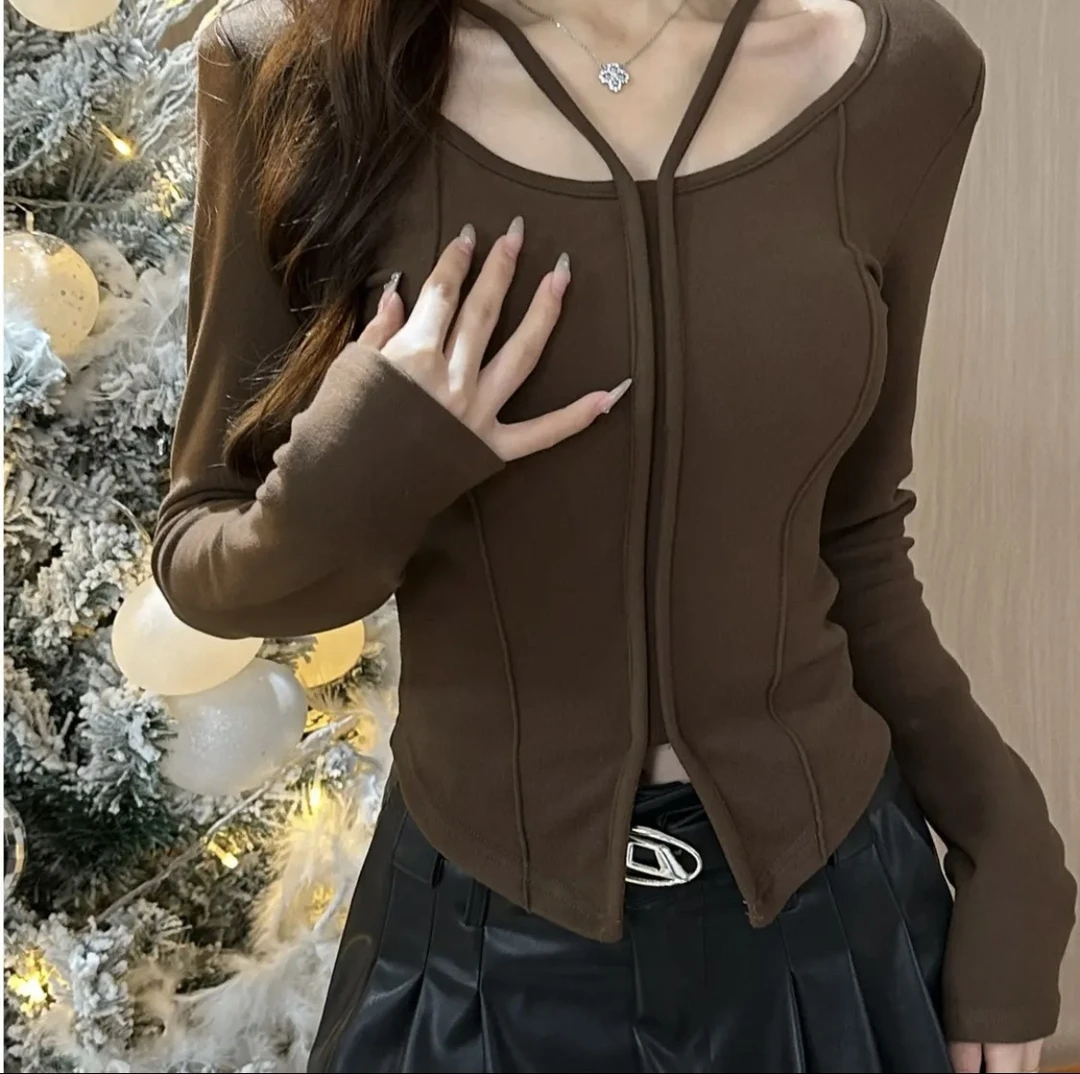 2023秋冬新款拼接显瘦小众设计感打底加绒加厚上衣女