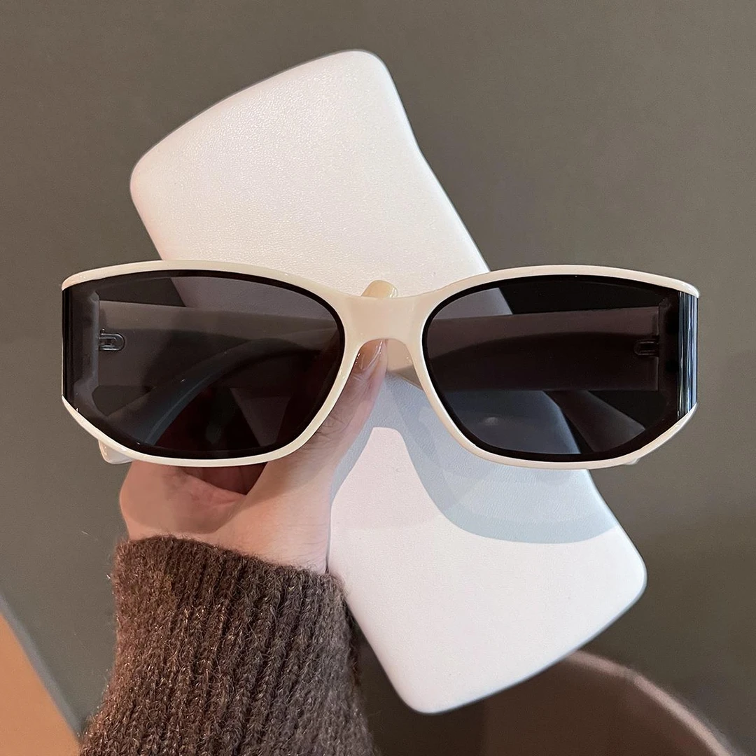 帕森精品百搭高级感曲面屏设计猫眼米白框墨镜女款防紫外线方圆脸