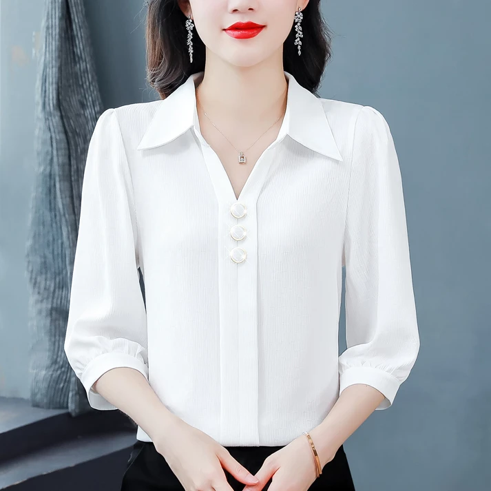 气质衬衣女士夏季白色洋气时尚七分袖上衣桑蚕丝阔太太气质上衣