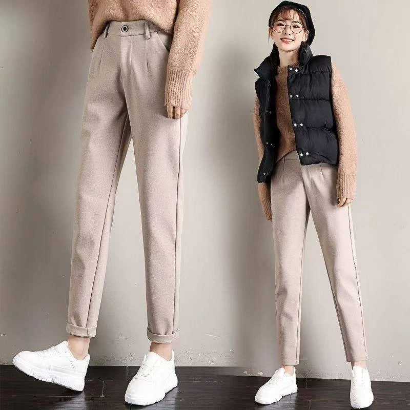 加绒加厚毛呢裤女高腰西装裤时尚九分裤烟管裤休闲裤显瘦百搭冬季