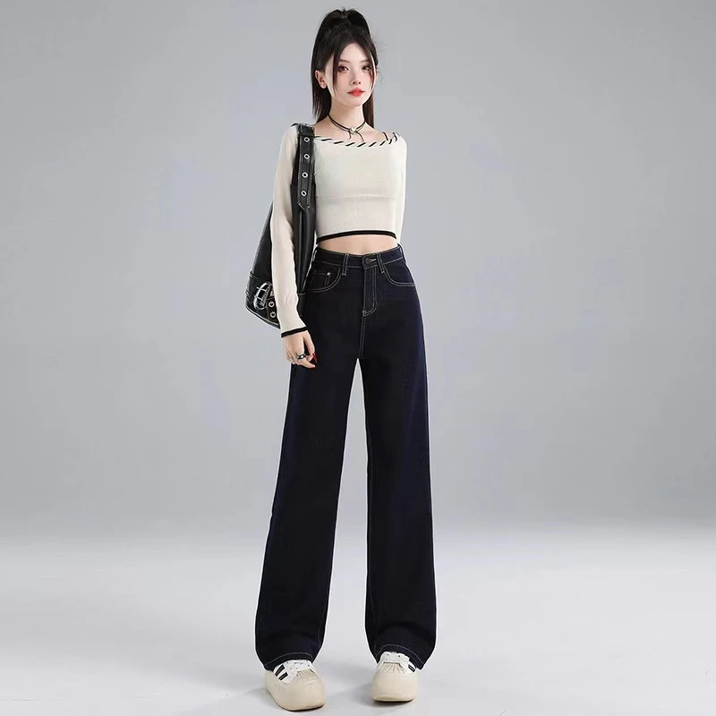 深蓝加绒窄版阔腿牛仔裤女2024秋冬新款高腰显瘦小个子直筒垂感裤