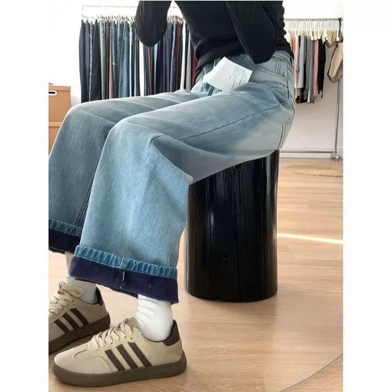 2024年秋冬新款加绒水洗磨白阔腿牛仔裤女设计感直筒宽松拖地裤子