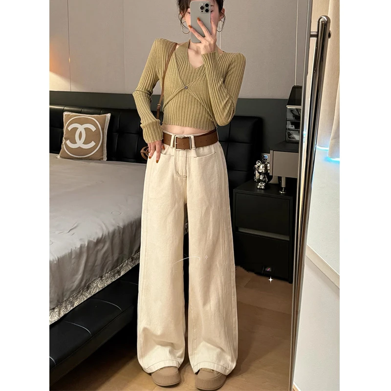 杏色阔腿牛仔裤女2025春季新款设计感高腰宽松显瘦垂坠感拖地裤子