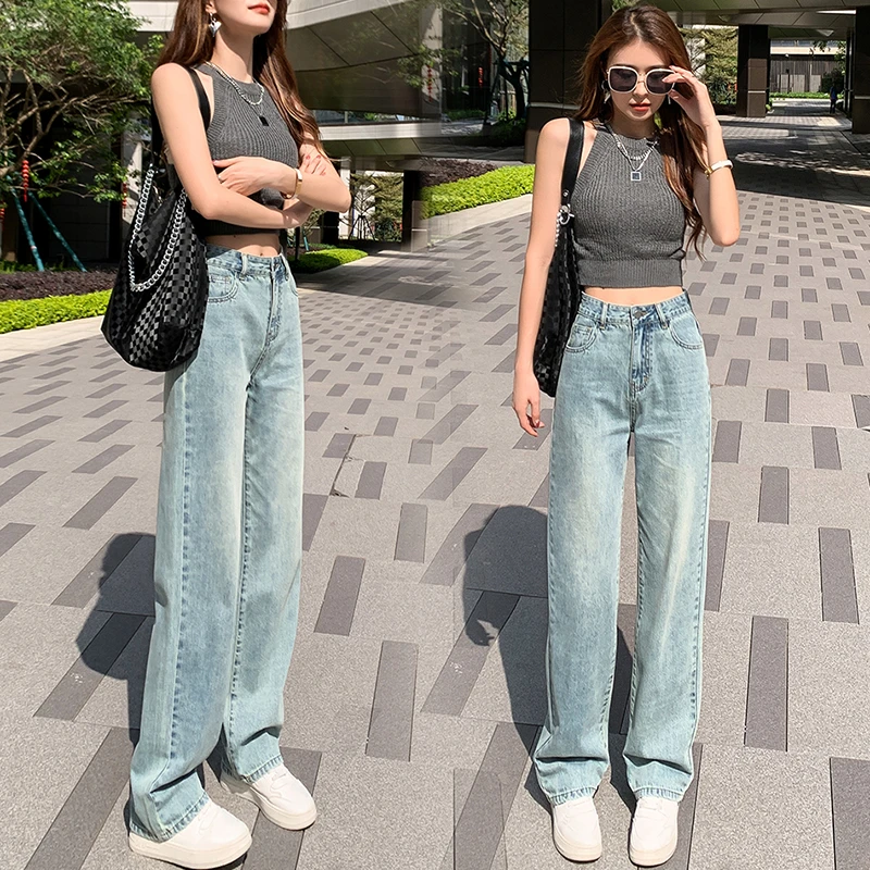 夏季薄款小个子窄版阔腿牛仔裤女2025年新款直筒宽松九分拖地裤子