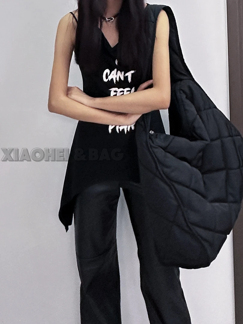 [小黑]菱格大容量斜挎包（肩带不可调节）宽肩带ins风秀款托特包