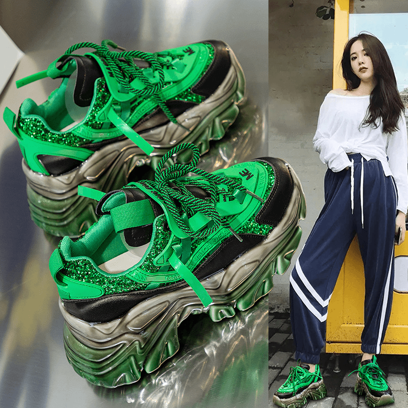欧货绿色厚底运动鞋配鲨鱼裤新款亮片炸街显瘦增高休闲加绒老爹鞋