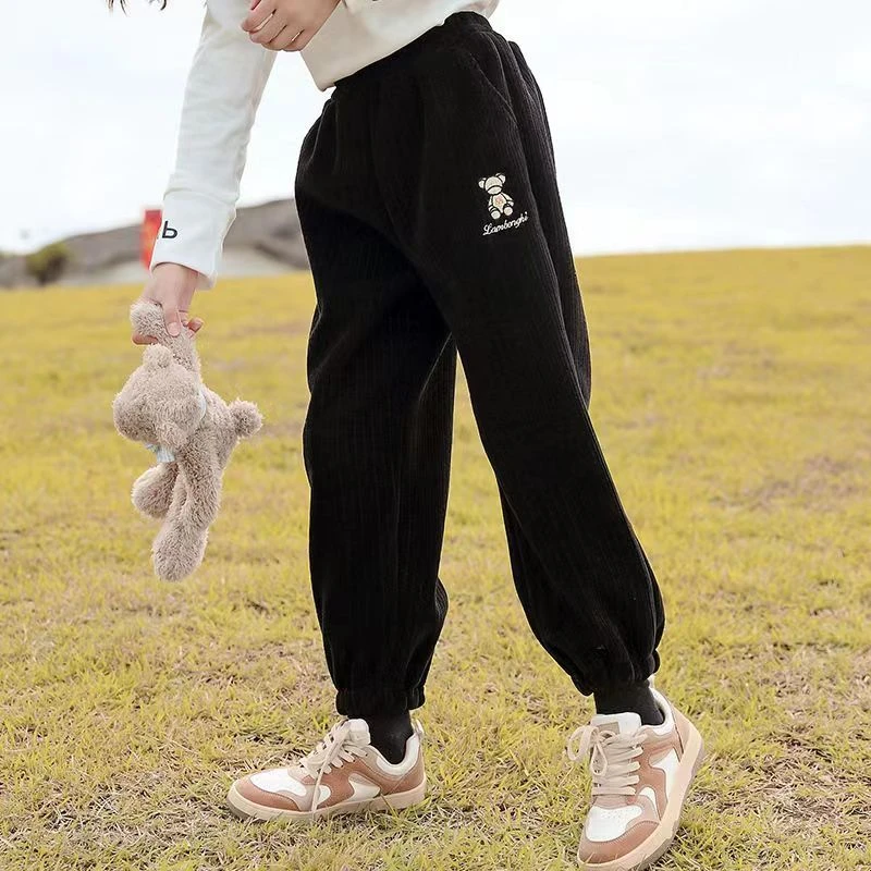 巴拉女宝宝卡其熊灯芯绒女童加绒裤子秋冬装加厚中大童宽松休闲棉