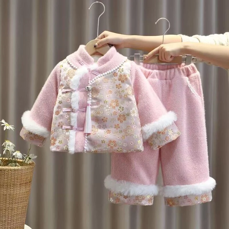 巴拉女童拜年服唐装儿童喜庆新年服套装女宝宝中国风粉色加绒过年