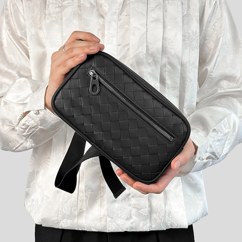 BV男士真皮运动胸包腰包纯手工编织胎牛皮格纹高级感单肩防水包包