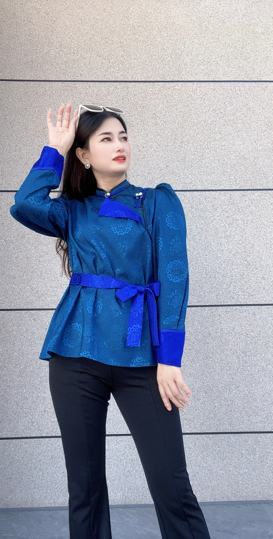 新款女士民族风长袖衬衫情侣复古国潮提花立领百搭款八宝团图案女