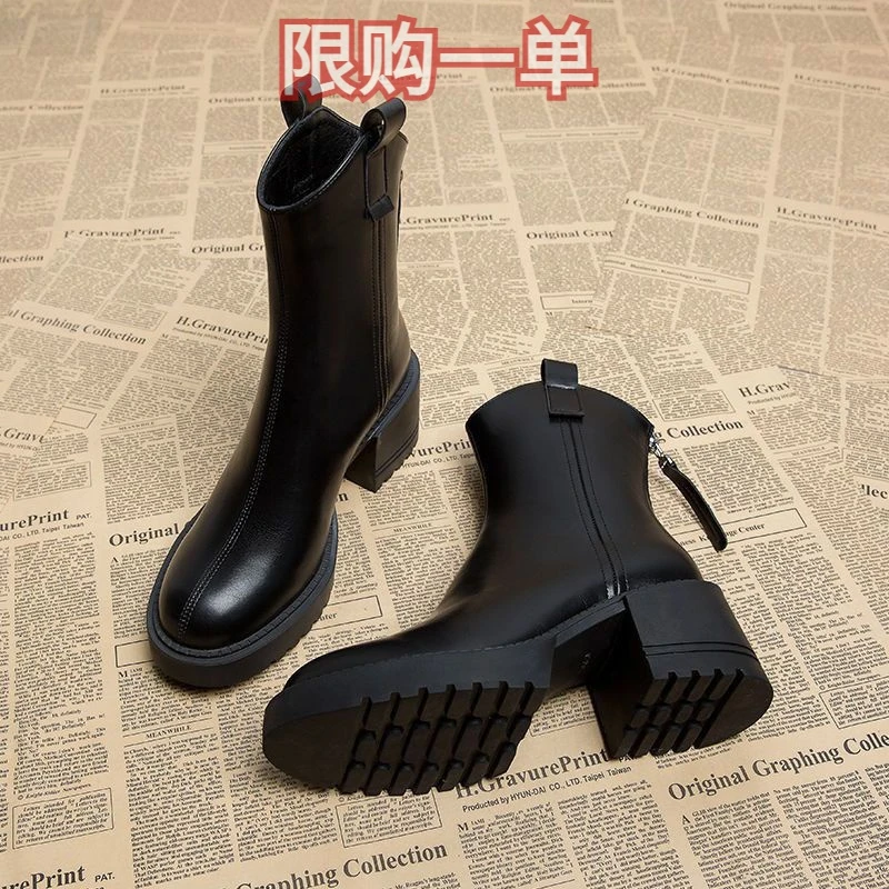 红蜻蜓牌切尔西软皮高跟马丁靴2023秋冬季新款百搭气质粗跟爆款时