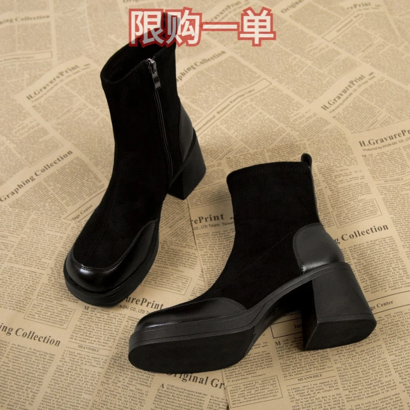 红蜻蜓牌高跟马丁靴女2023新款春秋季爆款粗跟春秋短靴女单靴网红