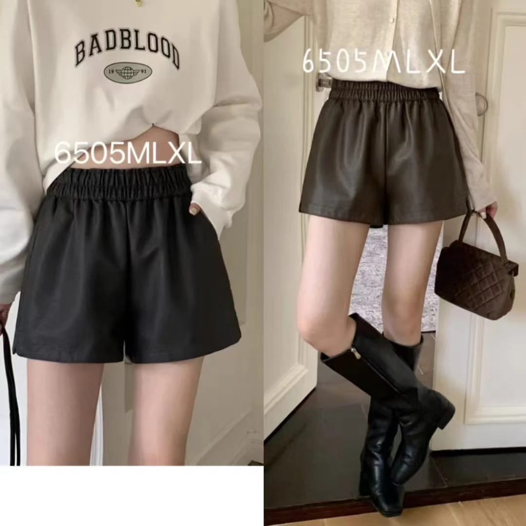 时尚百搭显瘦高腰pu皮短裤女秋冬松紧腰宽松网红休闲裤