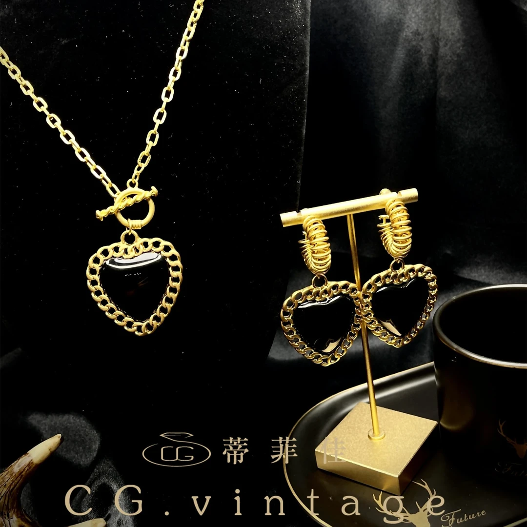 铜合金珐琅耳饰 CG.vintage【0089】黑桃K复古耳环时尚中古k金