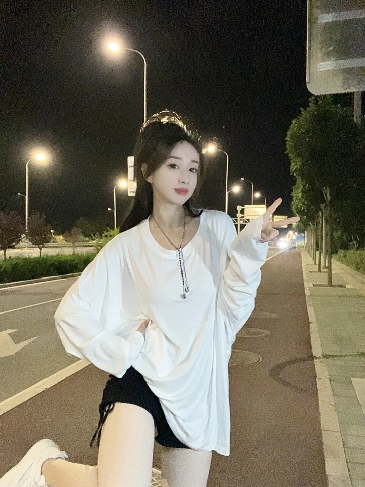 【红人上新】新款显瘦慵懒风纯色设计感宽松百搭T恤长袖