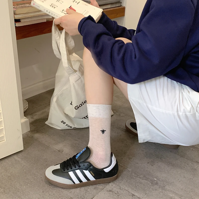 夏季薄款韩版白色中筒日系ins潮百搭堆堆袜透气刺绣小众设计长袜
