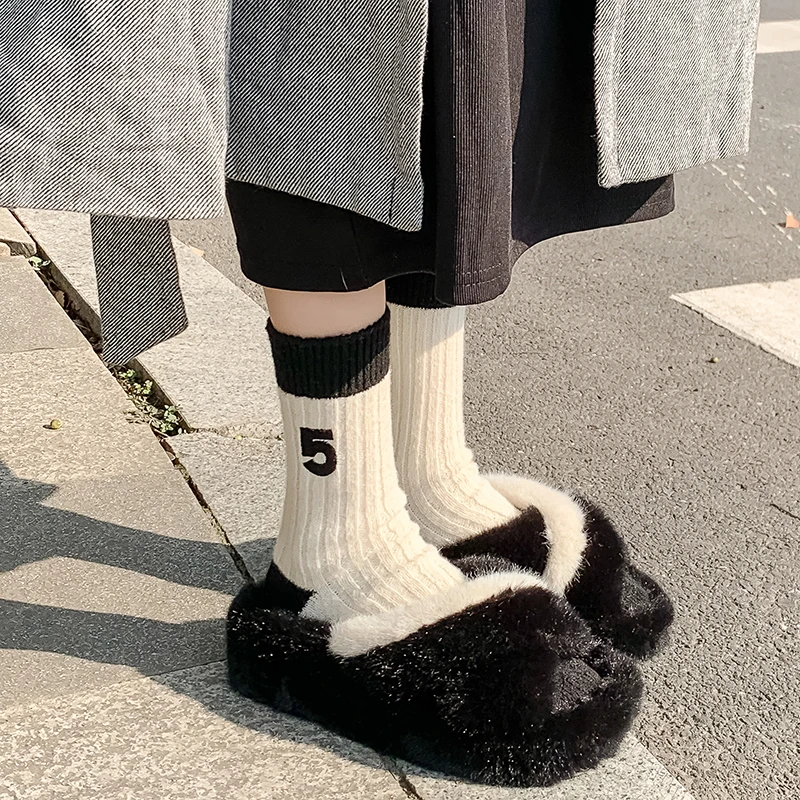 加厚袜子女秋冬季加绒冬天保暖毛毛中筒袜日系堆堆袜小花长袜外穿