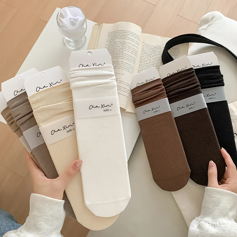 无骨抗起球中筒袜秋季纯色堆堆袜咖色长袜简约百搭松口月子袜棉袜