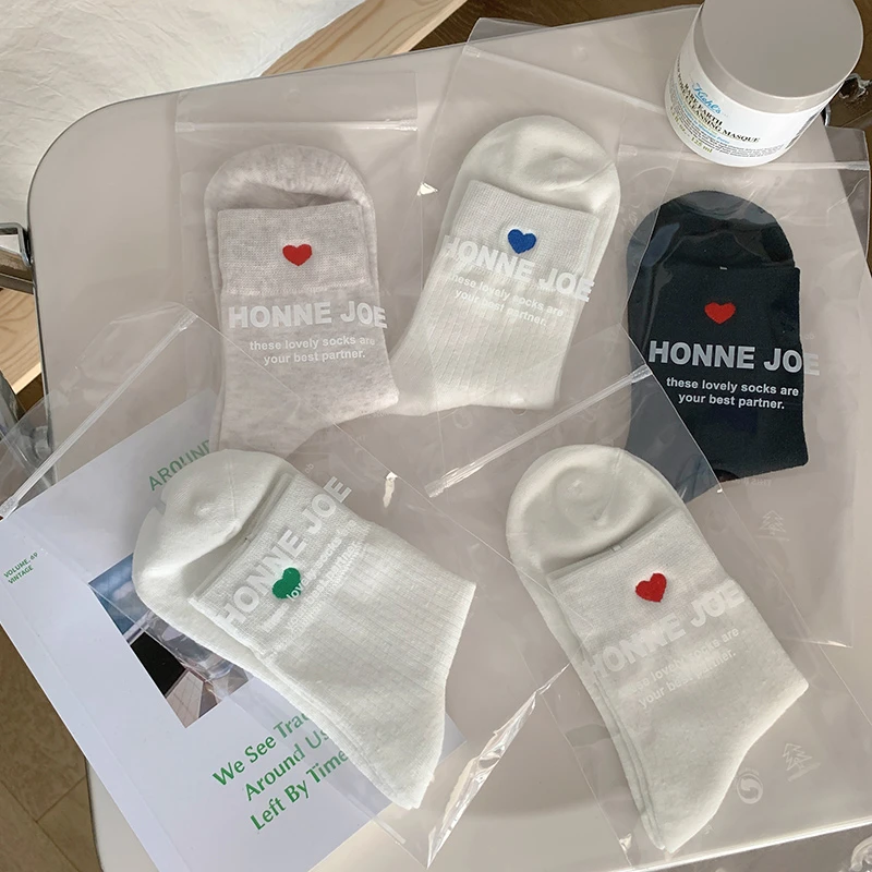 韩版夏季薄款白色爱心百搭中筒袜日系ins潮吸汗透气长袜春秋棉袜