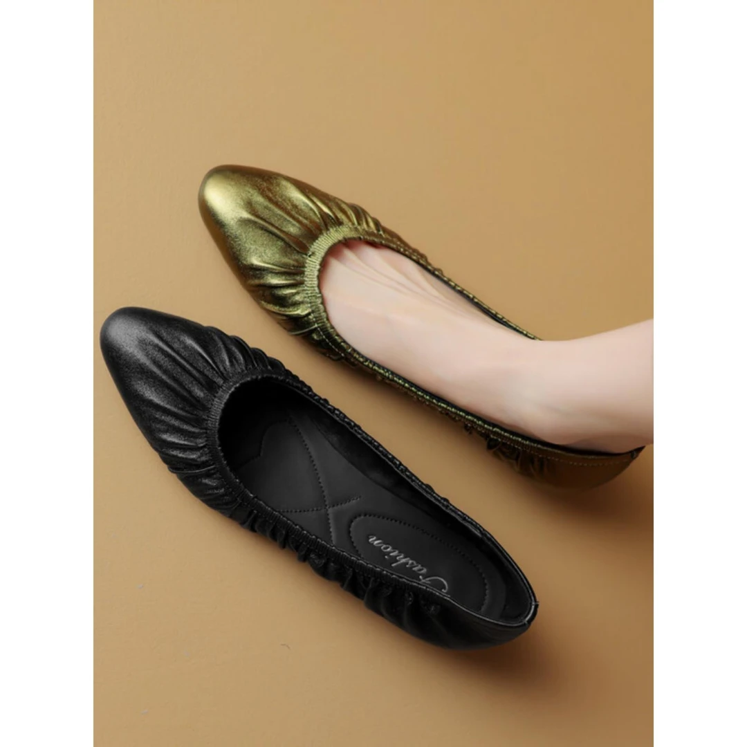 春秋新款褶皱真皮浅口小跟鞋女尖头低跟单鞋法式黑色百搭奶奶鞋