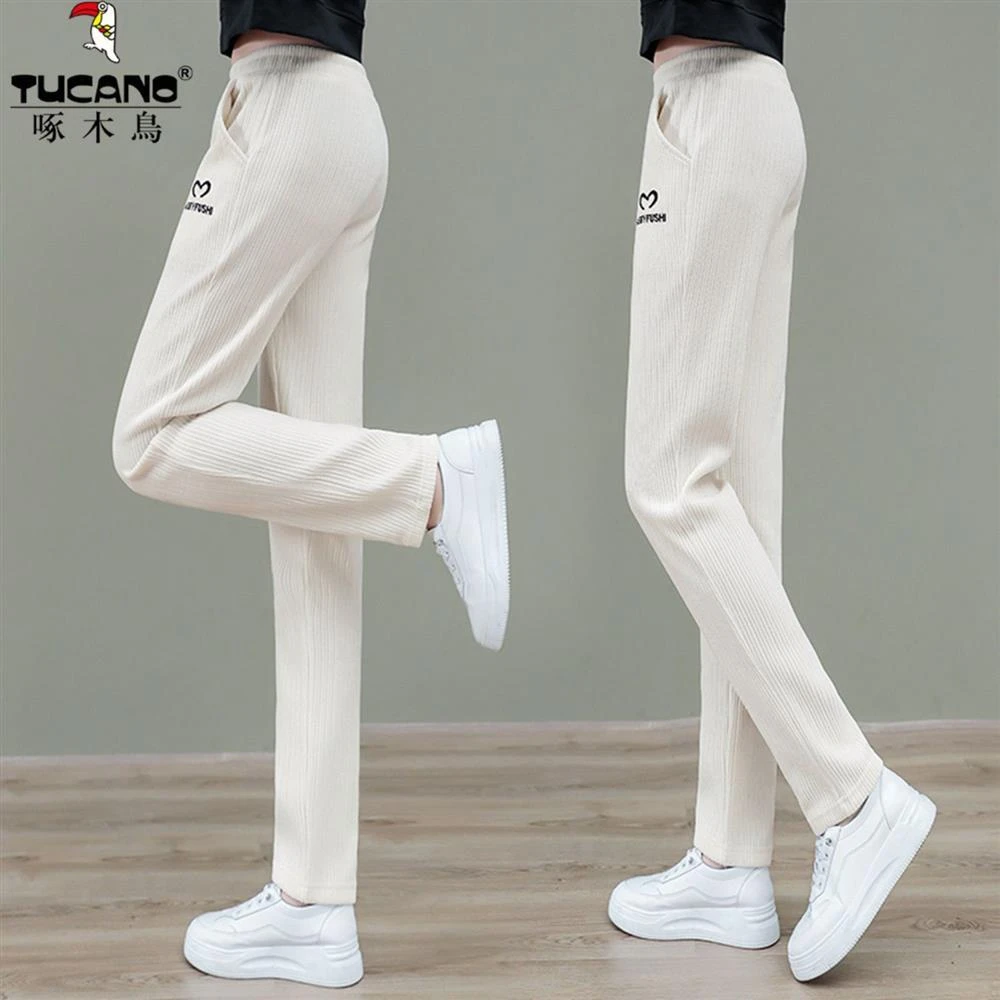 啄木鳥雪尼尔哈伦裤女裤2023夏季新款休闲直筒裤女宽松显瘦小脚裤