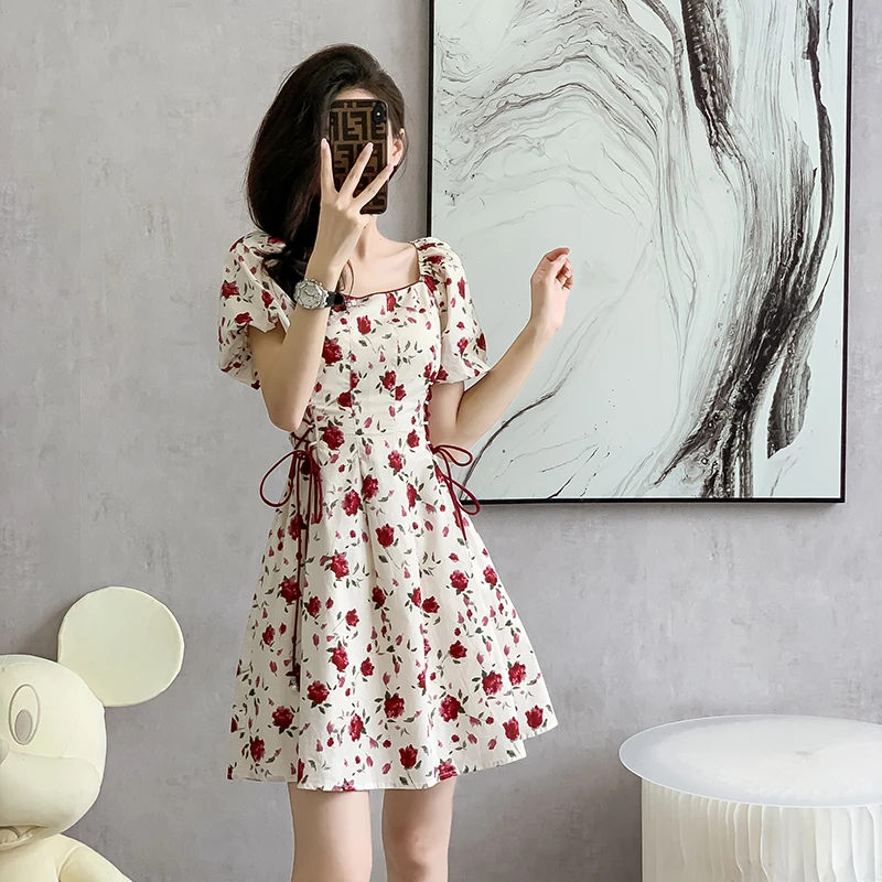 法式桔梗雪纺连衣裙夏季新款小个子150cm155气质收腰显瘦碎花裙子