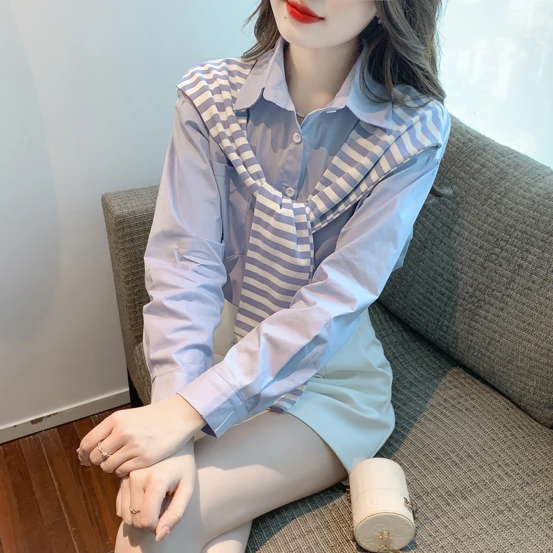 秋季披肩条纹衬衫女设计感小众叠穿外穿155小个子洋气秋装上衣服